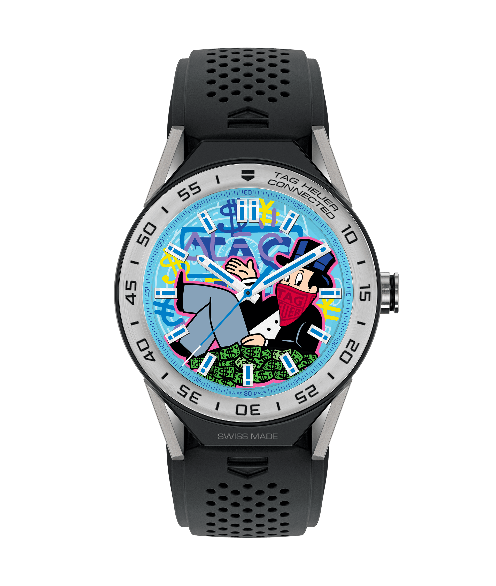 Tag heuer connected modular white rubber painted by alec monopoly