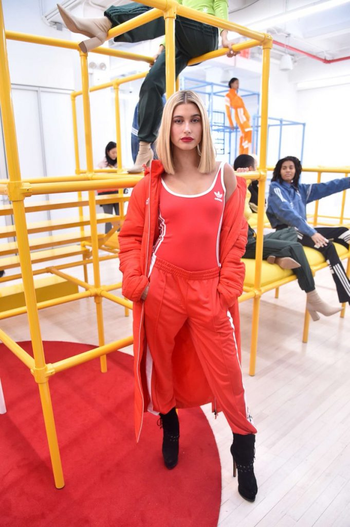 Red adidas outfit worn by hailey baldwin