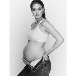 Gigi modeling with pregnant belly
