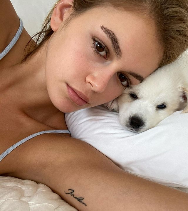 Kaia gerber right arm tattoo with dog