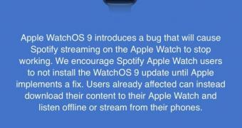 Spotify tells users to avoid updating apple watch