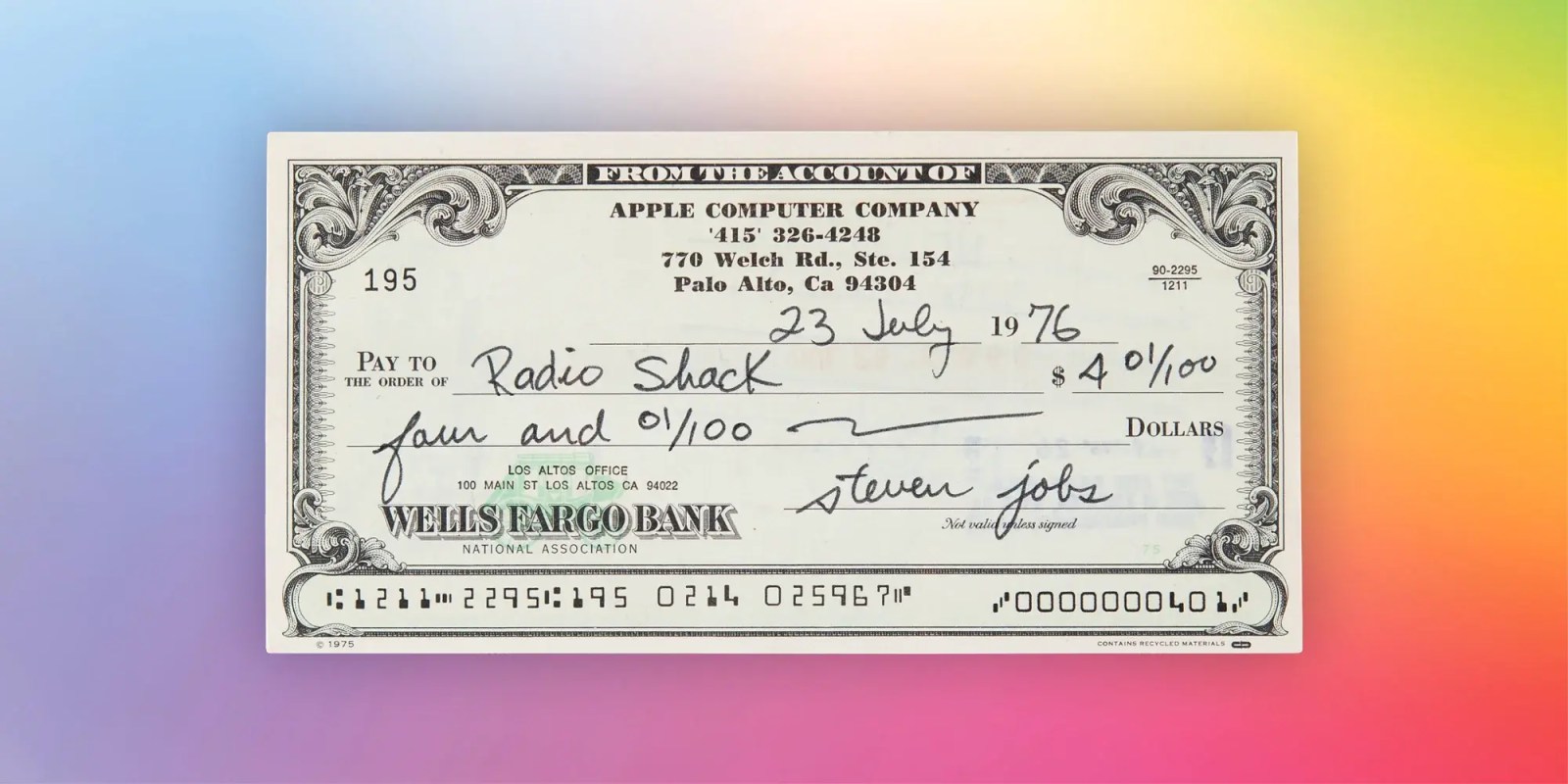 Jobs signed apple check to radioshack up for auction with.webp